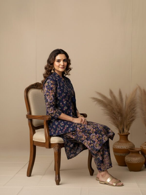 designer winter kurta set with quilted jacket & straight pant