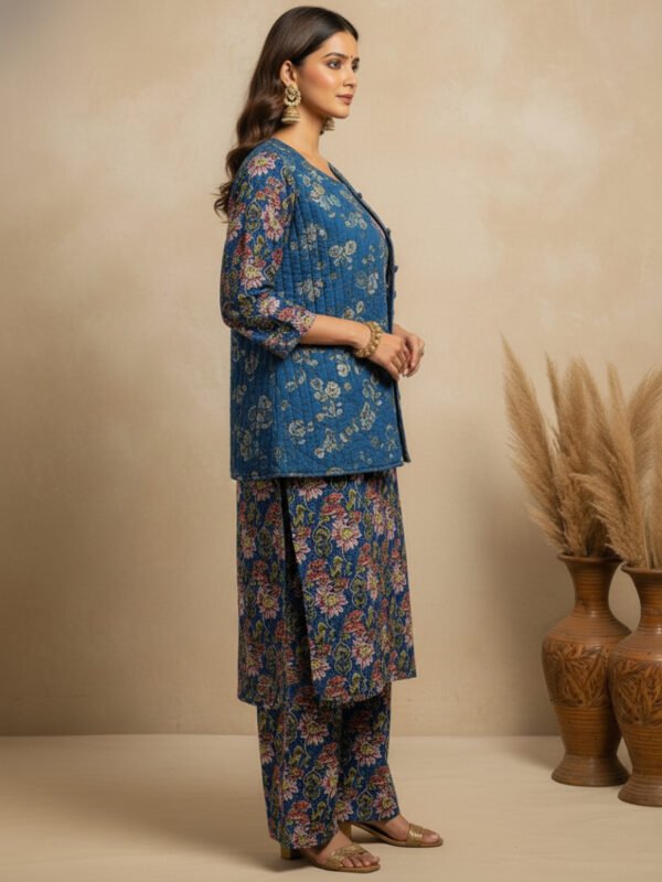 designer winter kurta set with quilted jacket & straight pant
