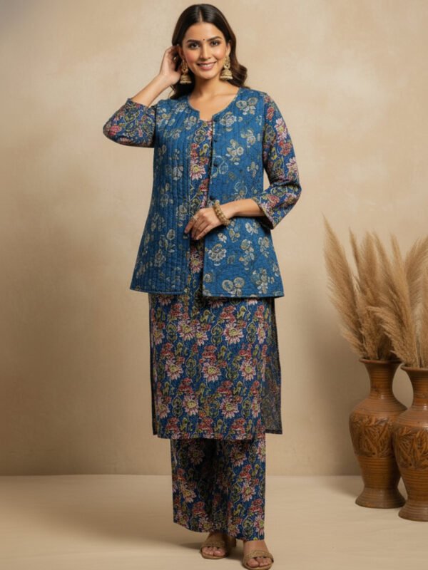 designer winter kurta set with quilted jacket & straight pant