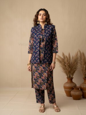 designer winter kurta set with quilted jacket & straight pant
